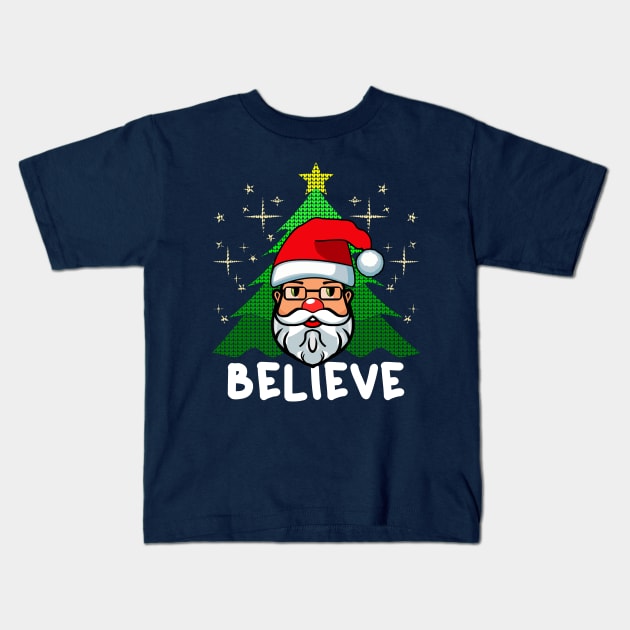 Santa Claus Cartoon Face Christmas Tree Kids T-Shirt by JaussZ